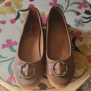 Brown Leather Flats with Gold Buckle Sz 10